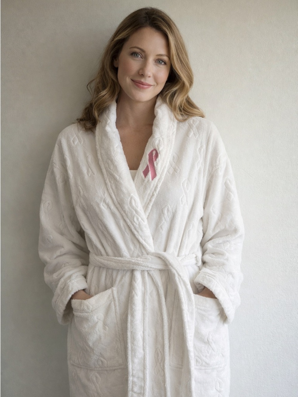 Breast Cancer Awareness Plush Bathrobe Pink Ribbon White Cotton One Size